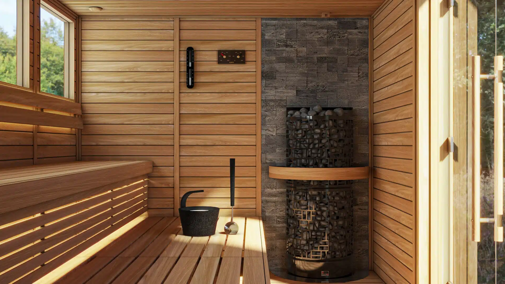 Trang chủ 2 Không gian sauna SAWO với máy xông hơi dạng tháp và vách đá